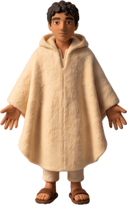 Unamir in a cream burnous, hero of “Unamir and the Maiden of the Seventh Heaven”